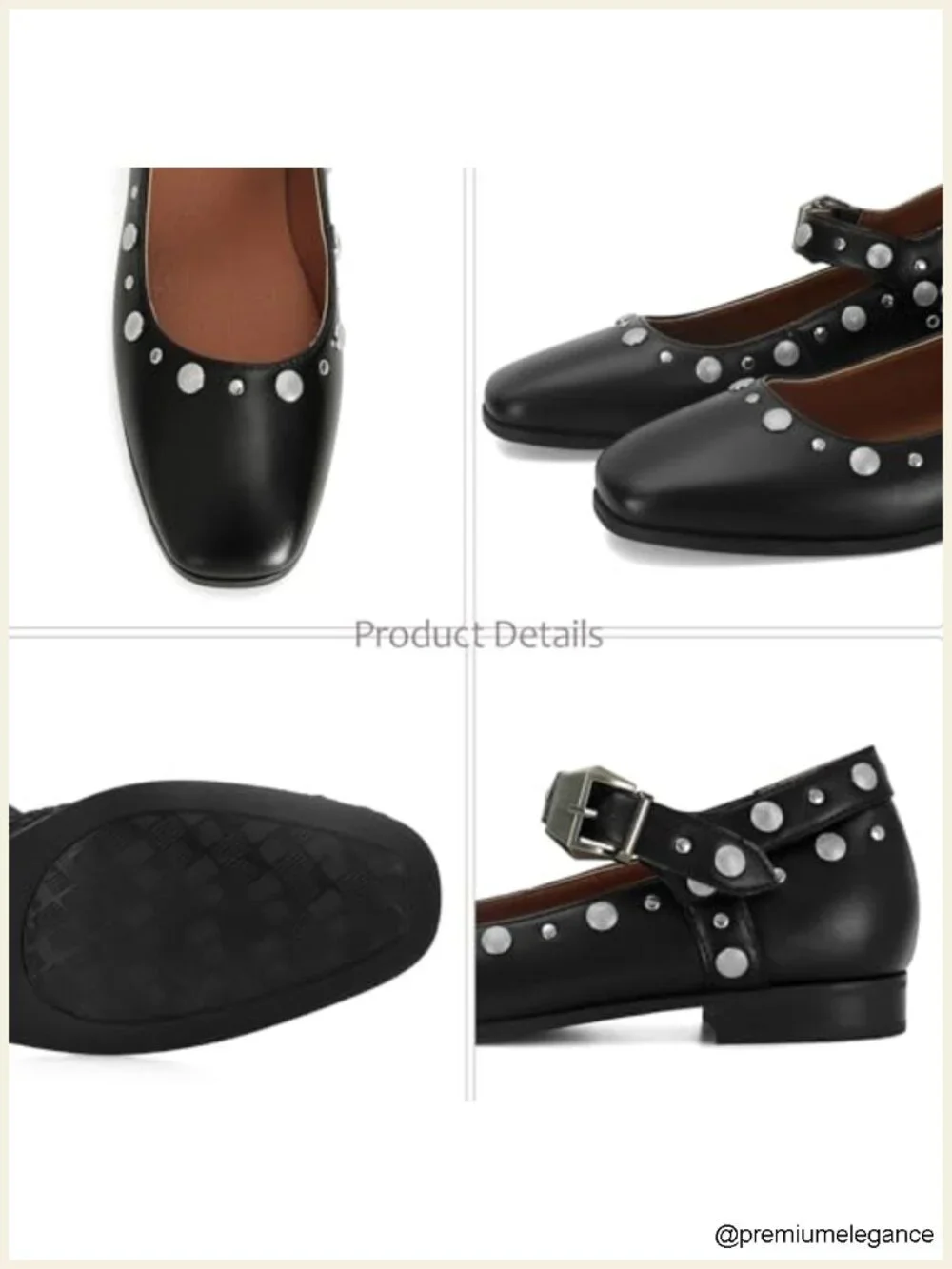 Studded Mary Jane Flats for Women Square Toe Buckle Strap Faux Leather Ballet